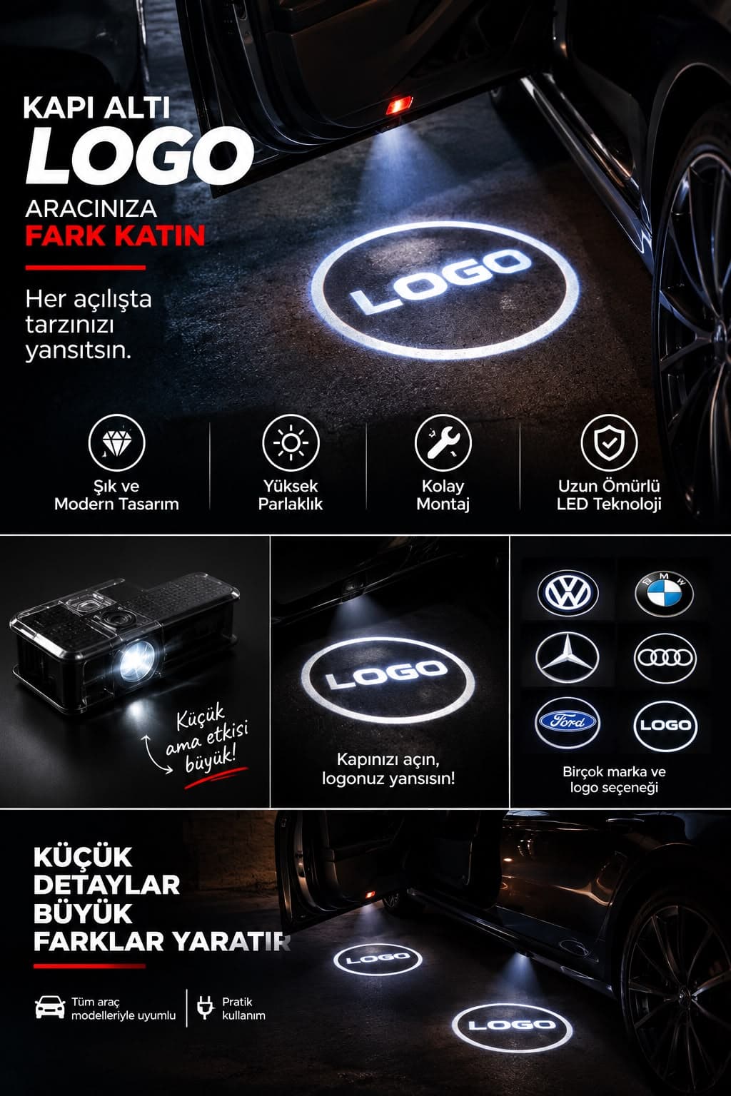 Araç kapısı açıldığında zemine yansıyan kapı altı logo aydınlatma